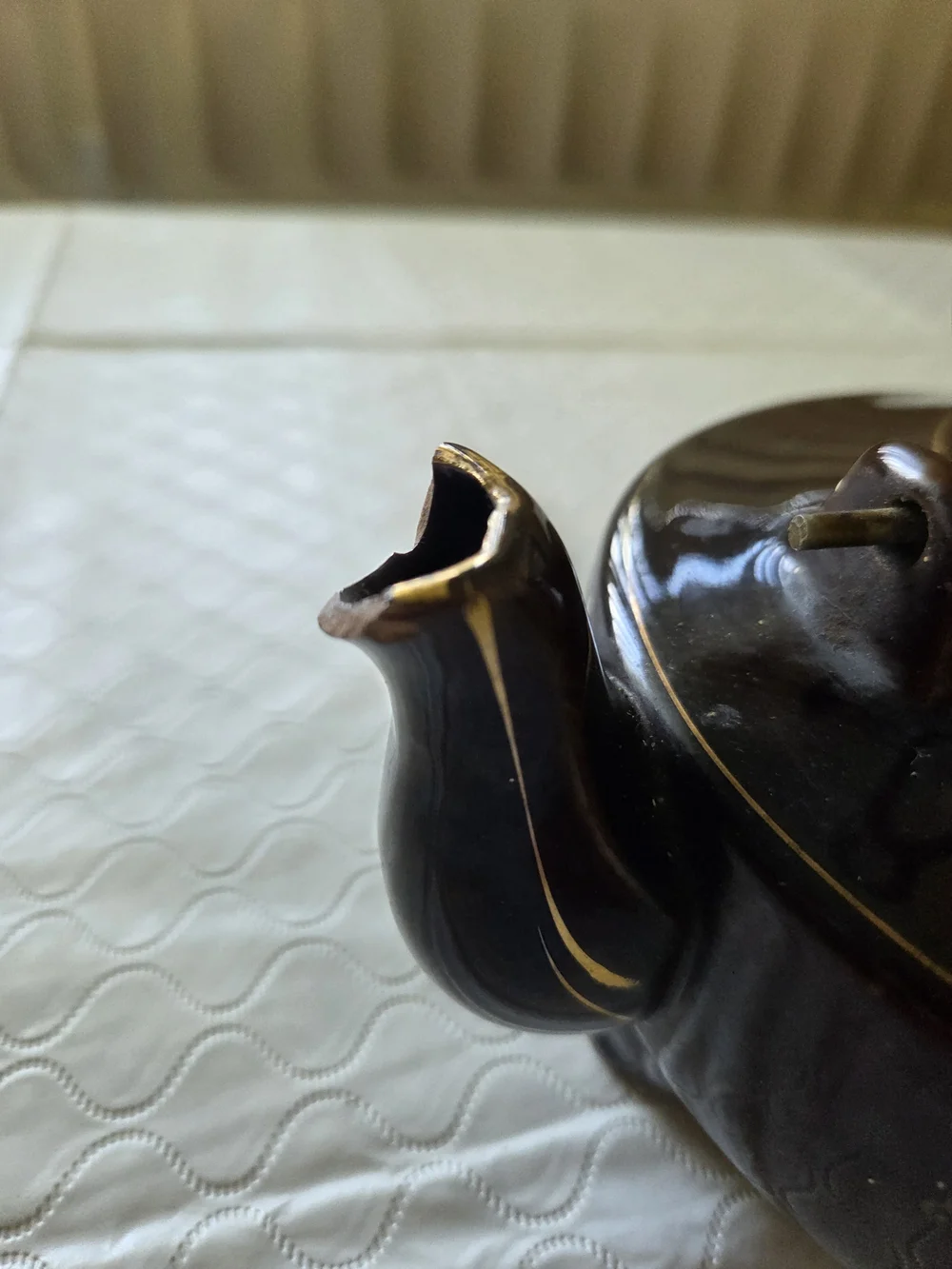 Vintage Black Floral Ceramic Teapot Overhead Metal Handle Tea Pot Cottagecore